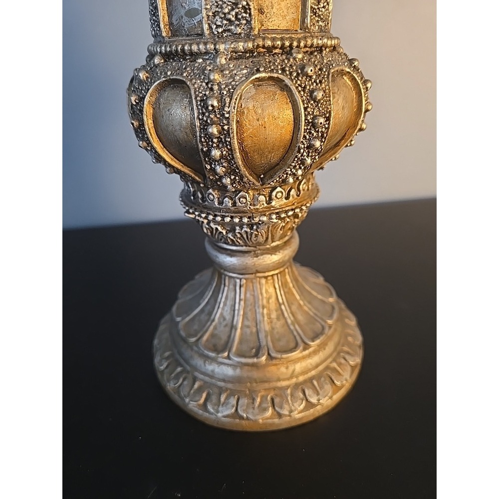 Silver Bronze Tone Embossed Beaded Pedestal Candle Holders 12" Tall Resin - Picture 10 of 11
